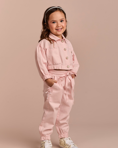 Conjunto Infantil Jaqueta Bomber e Calça Jogger Sarja Rosa - Gabriela Aquarela