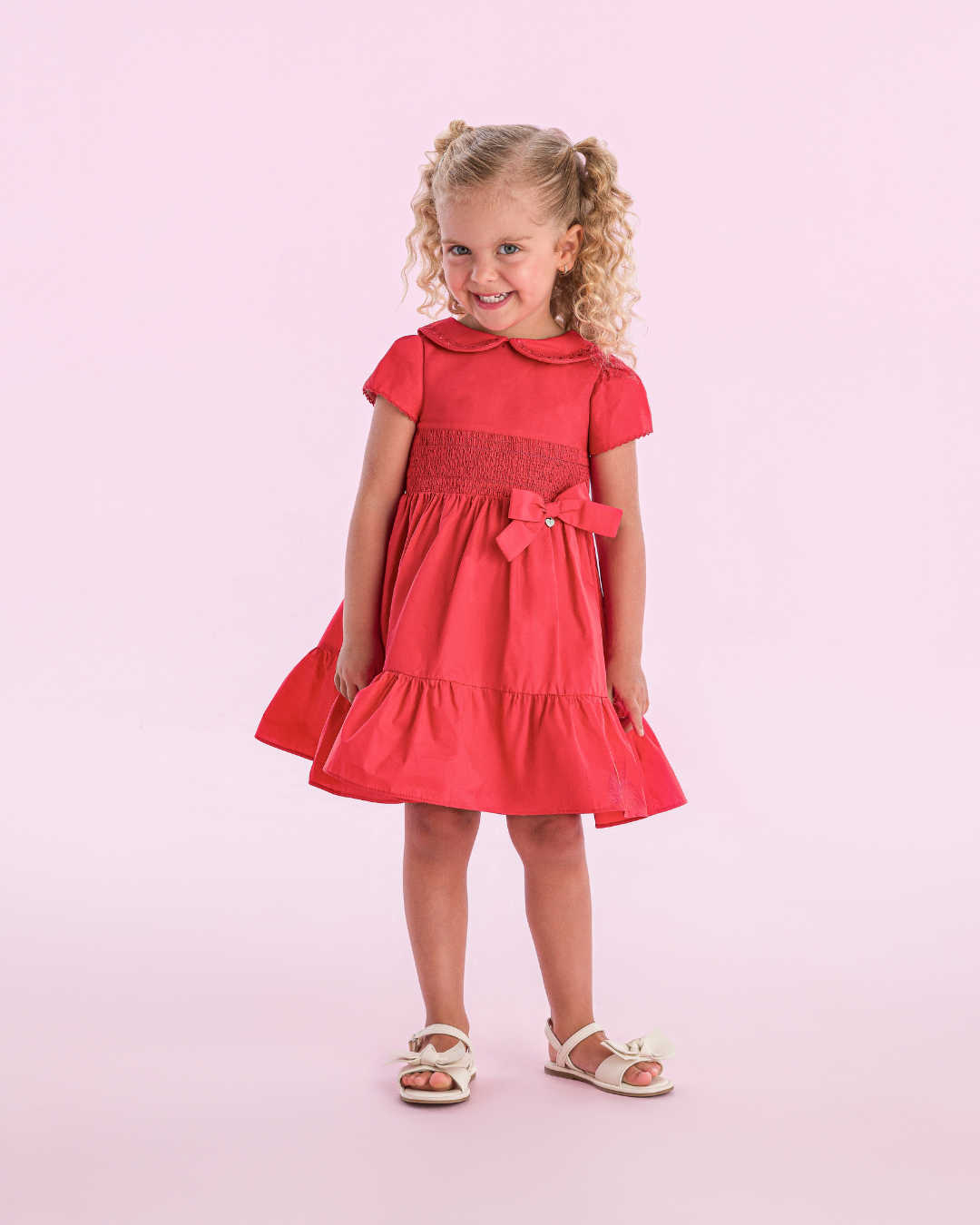 Vestido Infantil Algodão Vermelho Golinha e Laço - Petit Cherie