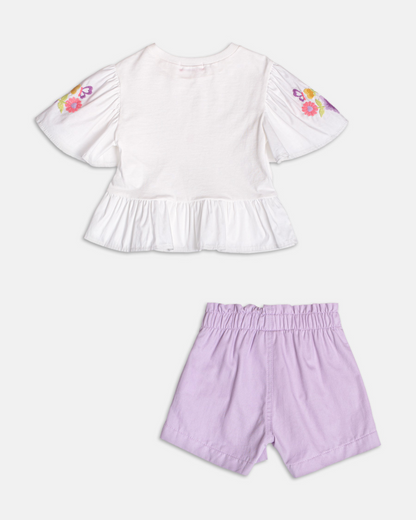 Conjunto Infantil Blusa Mangas Bordadas e Shorts Lilás - Momi
