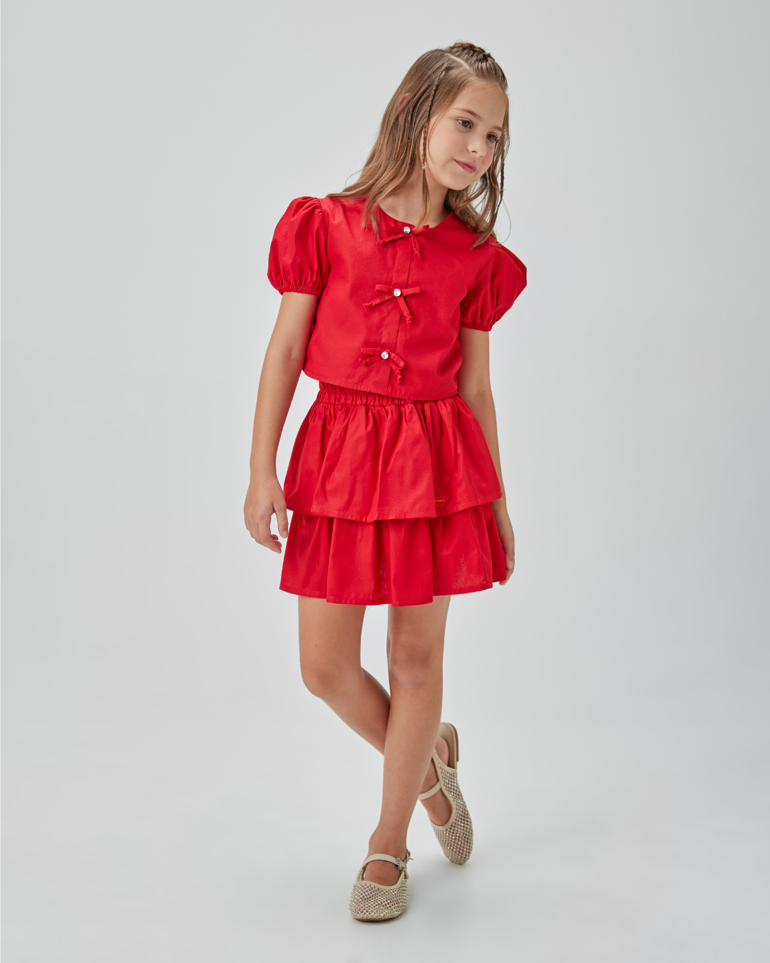 Conjunto Infantil Blusa Lacinhos e Saia-short Tricoline - Um Mais Um