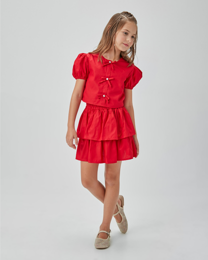 Conjunto Infantil Blusa Lacinhos e Saia-short Tricoline - Um Mais Um