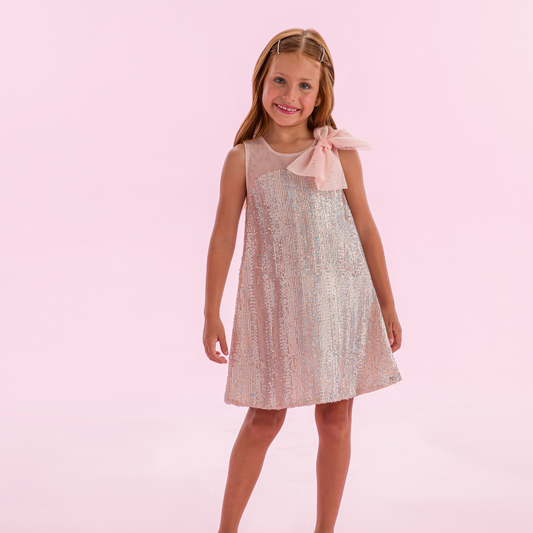 Vestido Infantil Paetê Rosa Laço de Tule - Petit Cherie PRÉ-VENDA