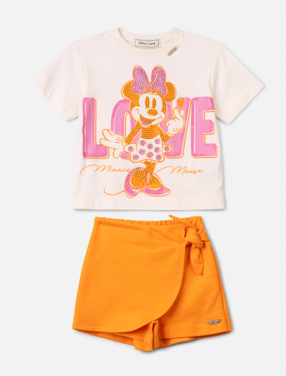 Conjunto Infantil Blusa Minnie Love e Shorts Saia Laranja Com Sobreposição - Animê