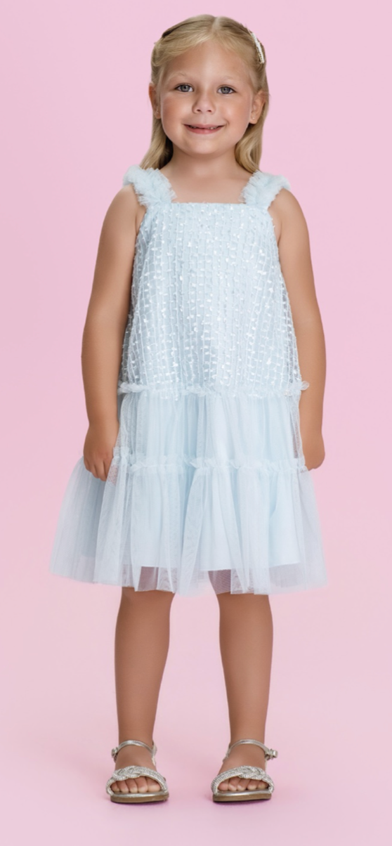 Vestido Infantil Texturizado Em Tule Azul - Petit Cherie