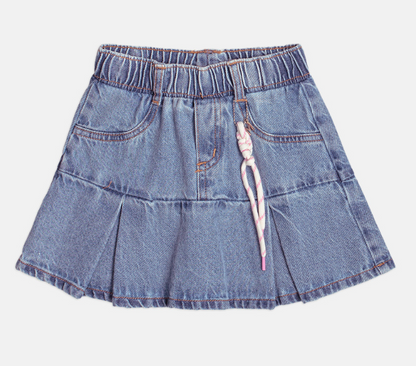 Conjunto Infantil Regata Rosa Com Cerejas e Saia Jeans Pregas Com Pingente - Momi
