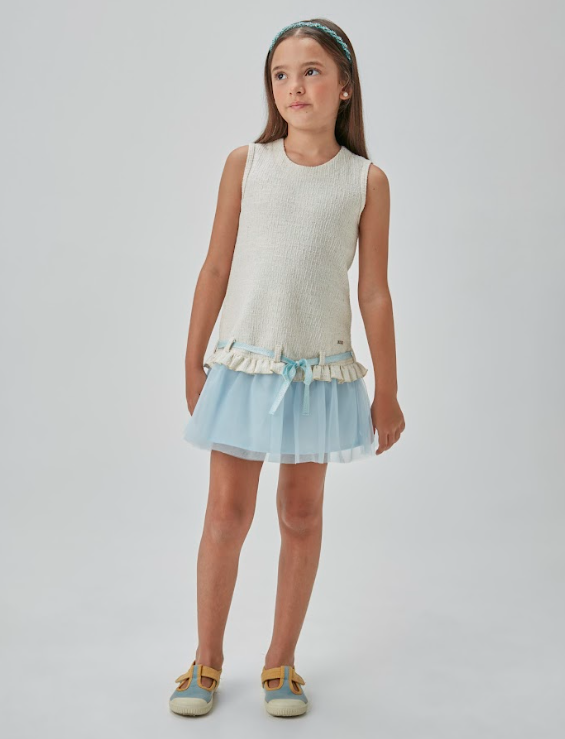 Vestido Infantil Jumper Tweed de Algodão Laço e Babado Azul - Beabá