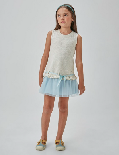 Vestido Infantil Jumper Tweed de Algodão Laço e Babado Azul - Beabá