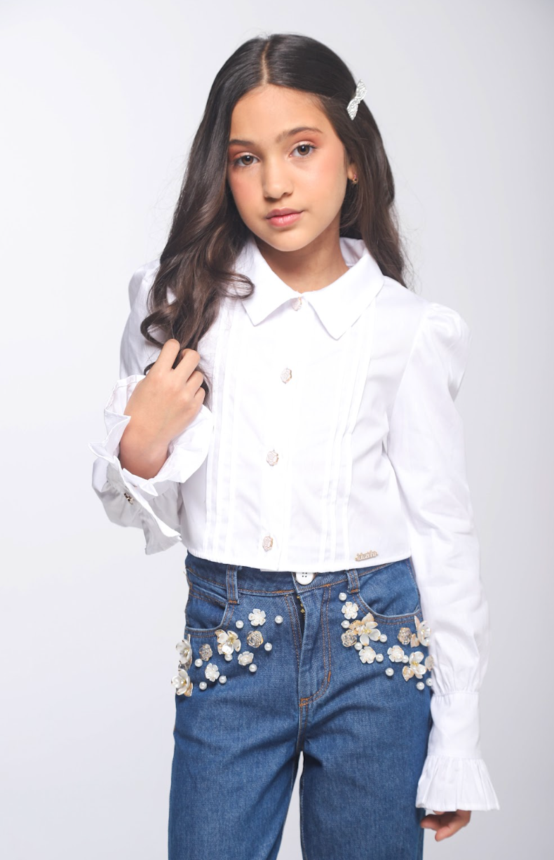 Conjunto Infantil Camisa Branca Algodão e Calça Jeans Bordada Flores Brancas - Luluzinha
