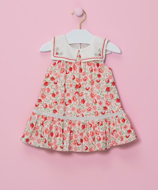 Vestido Infantil Estampado com Goilinha Bordadade Morango - Petit Cherie
