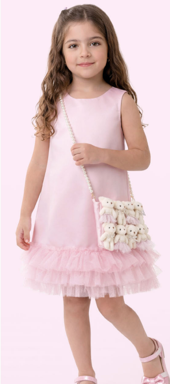 Vestido Infantil Rosa Acetinado Barra Em Tule Franzido e Bolsa Com Ursinhas - Luluzinha