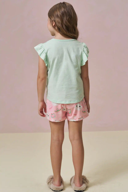 Pijama Infantil Blusa Gatinha Skin Care e Shorts Gatinha Rosa - Infanti