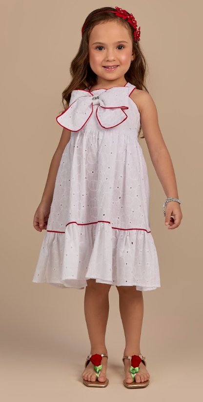 Vestido Infantil Laise Branco Com Detalhes Vermelho e Laço Maxxi - Gabriela Aquarela