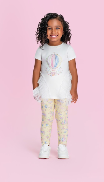 Conjunto Infantil Blusa Strass Em Tule e Calça Legging Estampada - Petit Cherie