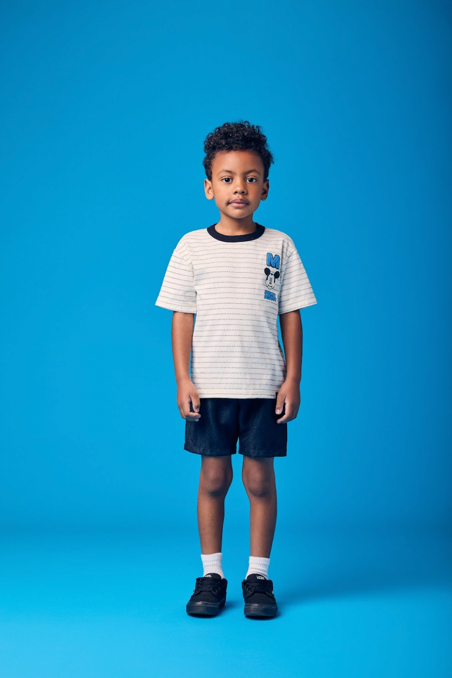 Conjunto Infantil Camiseta Listrada Mickey e Bermuda Sarja Preta - Youccie