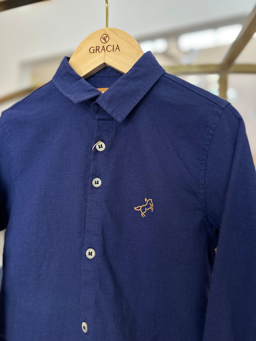 Conjunto Infantil Camisa de linho marinho e Calça de sarja skinny bege - Dame