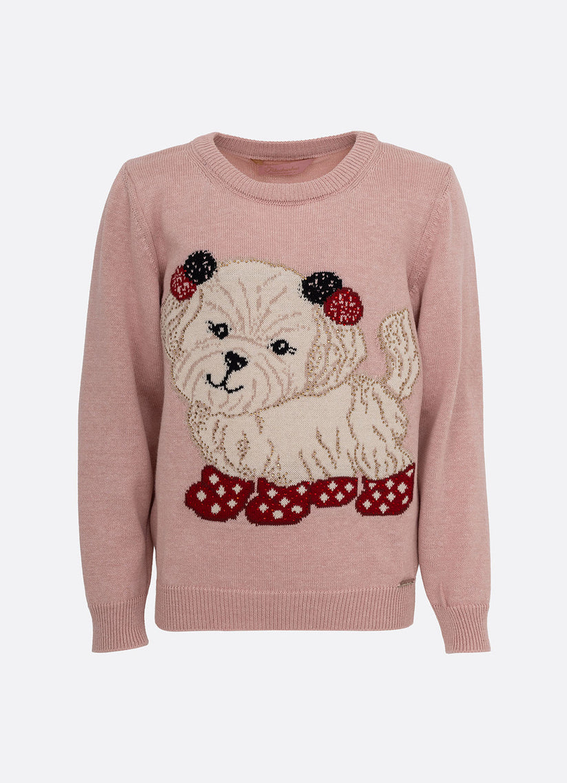 Blusa Infantil Tricot Cachorrinhos PomPom Cristais Rosa Dolce - Pituchinhus