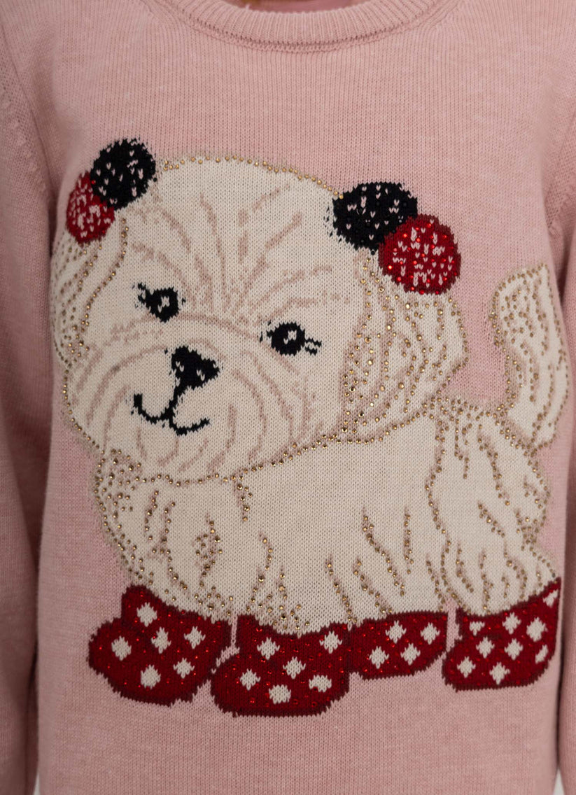 Blusa Infantil Tricot Cachorrinhos PomPom Cristais Rosa Dolce - Pituchinhus