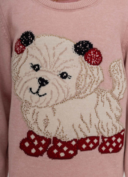 Blusa Infantil Tricot Cachorrinhos PomPom Cristais Rosa Dolce - Pituchinhus