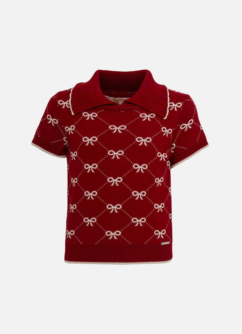 Blusa Infantil Tricot Gola Polo Mini Laços Vermelha- Pituchinhus