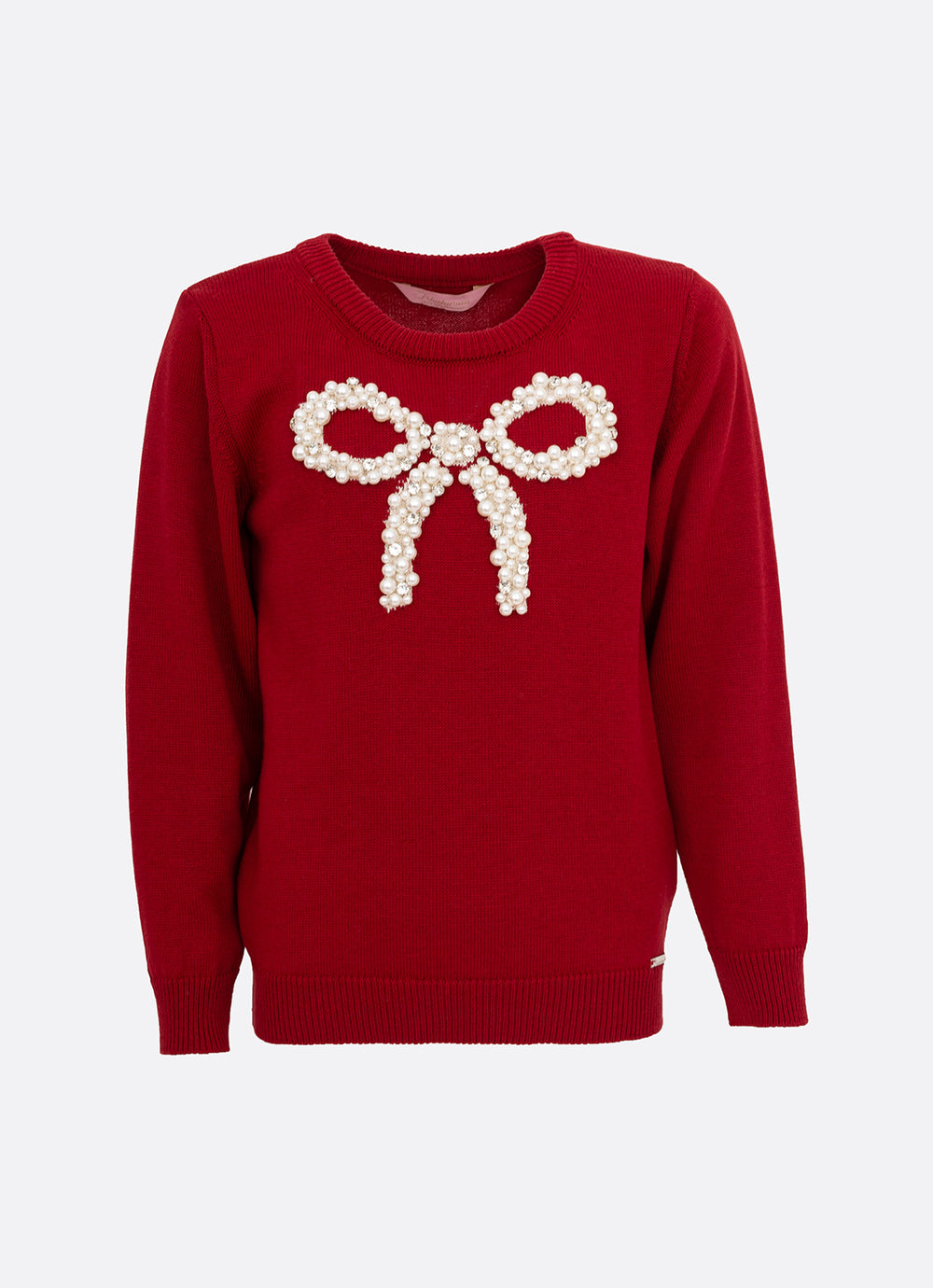 Conjunto Infantil Blusa Tricot Laço Bordado Pérolas E Cristais Bala de Cereja e Saia-shorts Mini Flores Babados e Laços