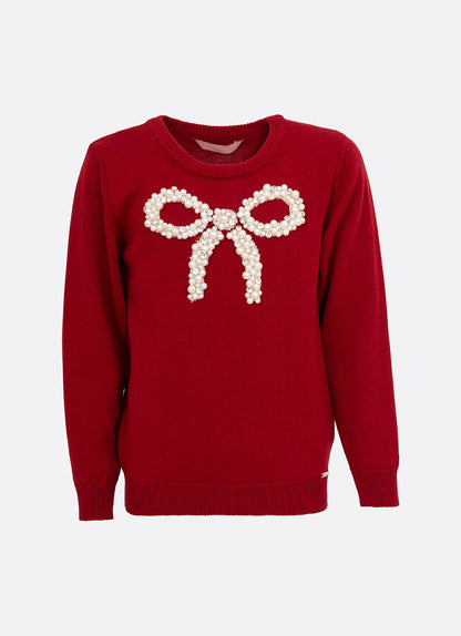 Conjunto Infantil Blusa Tricot Laço Bordado Pérolas E Cristais Bala de Cereja e Saia-shorts Mini Flores Babados e Laços