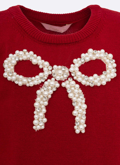 Conjunto Infantil Blusa Tricot Laço Bordado Pérolas E Cristais Bala de Cereja e Saia-shorts Mini Flores Babados e Laços