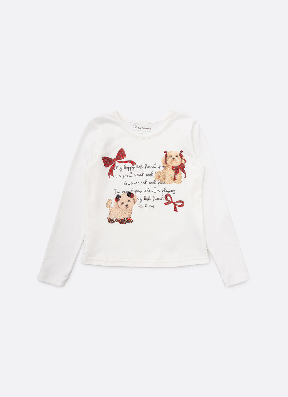 Conjunto Infantil Blusa Best Friends Cristal e Calça Reta Mini Flores e Laços Bala de Cereja - Pituchinhus