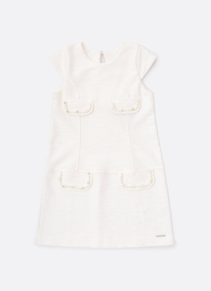 Vestido Infantil Bouclé Lapelas Bordadas Pérolas e Cristais Off White - Pituchinhus