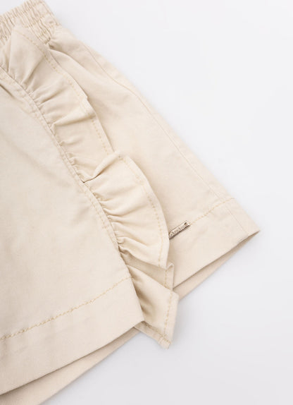 Conjunto Infantil Blusa Lacinho Bordado Bege e Saia-shorts Sarja Babadinho Bege - Pituchinhus