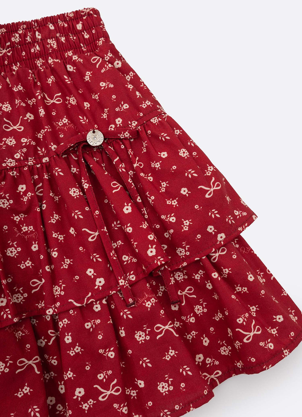 Conjunto Infantil Blusa Tricot Laço Bordado Pérolas E Cristais Bala de Cereja e Saia-shorts Mini Flores Babados e Laços