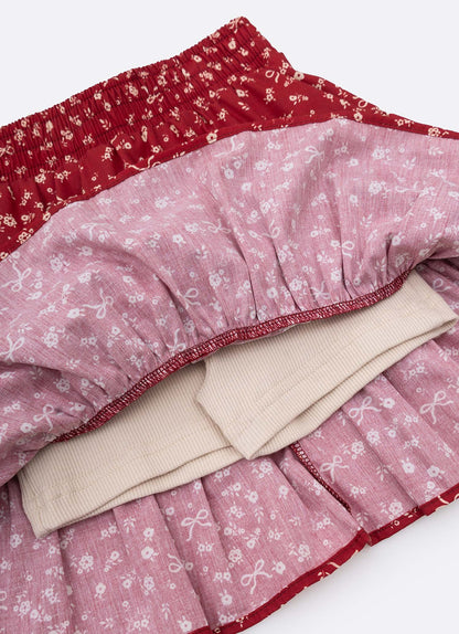 Conjunto Infantil Blusa Tricot Laço Bordado Pérolas E Cristais Bala de Cereja e Saia-shorts Mini Flores Babados e Laços