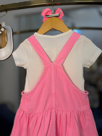 Conjunto Infantil Salopete Sarja Rosa Fluor com Blusa Canelada Off - Momi