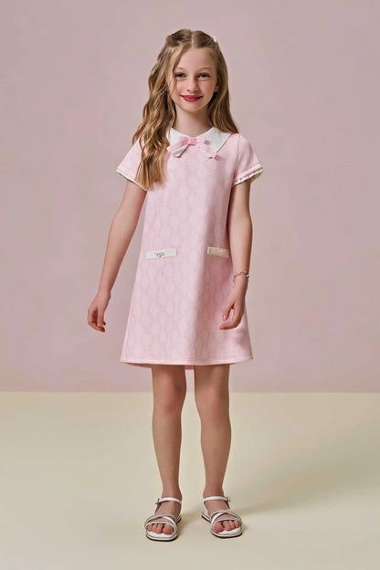 Vestido infantil Monograma Rosa com Gola Lacinho - Infanti