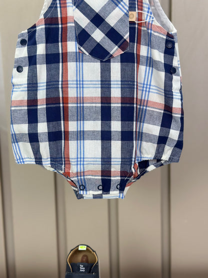 Romper Bebê Fofinho Tricoline Xadrez Fio Tinto Azul - Um Mais Um