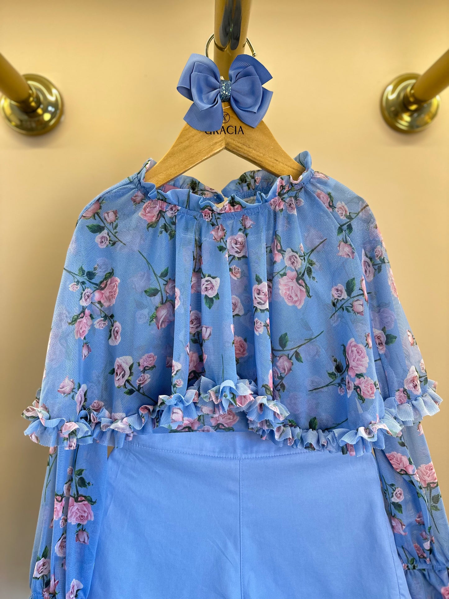 Conjunto Infantil Blusa Capa Floral Azul e Shorts Alfaiataria Azul - Luluzinha