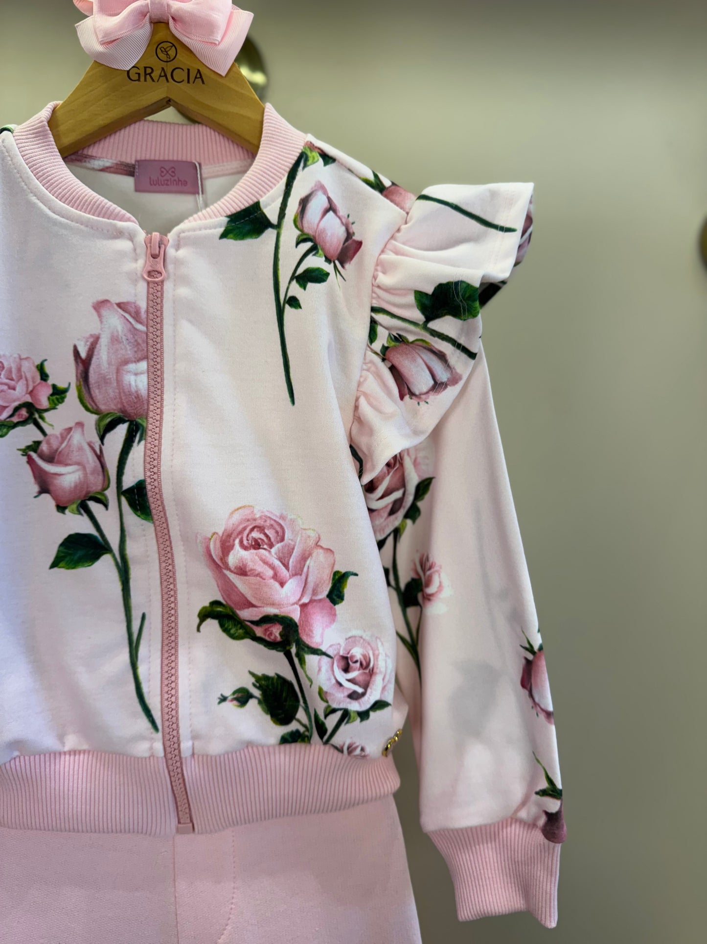 Conjunto Infantil Casaco Moletom Floral Babados e Calça Wide Leg Lateral Glitter Rosa - Luluzinha