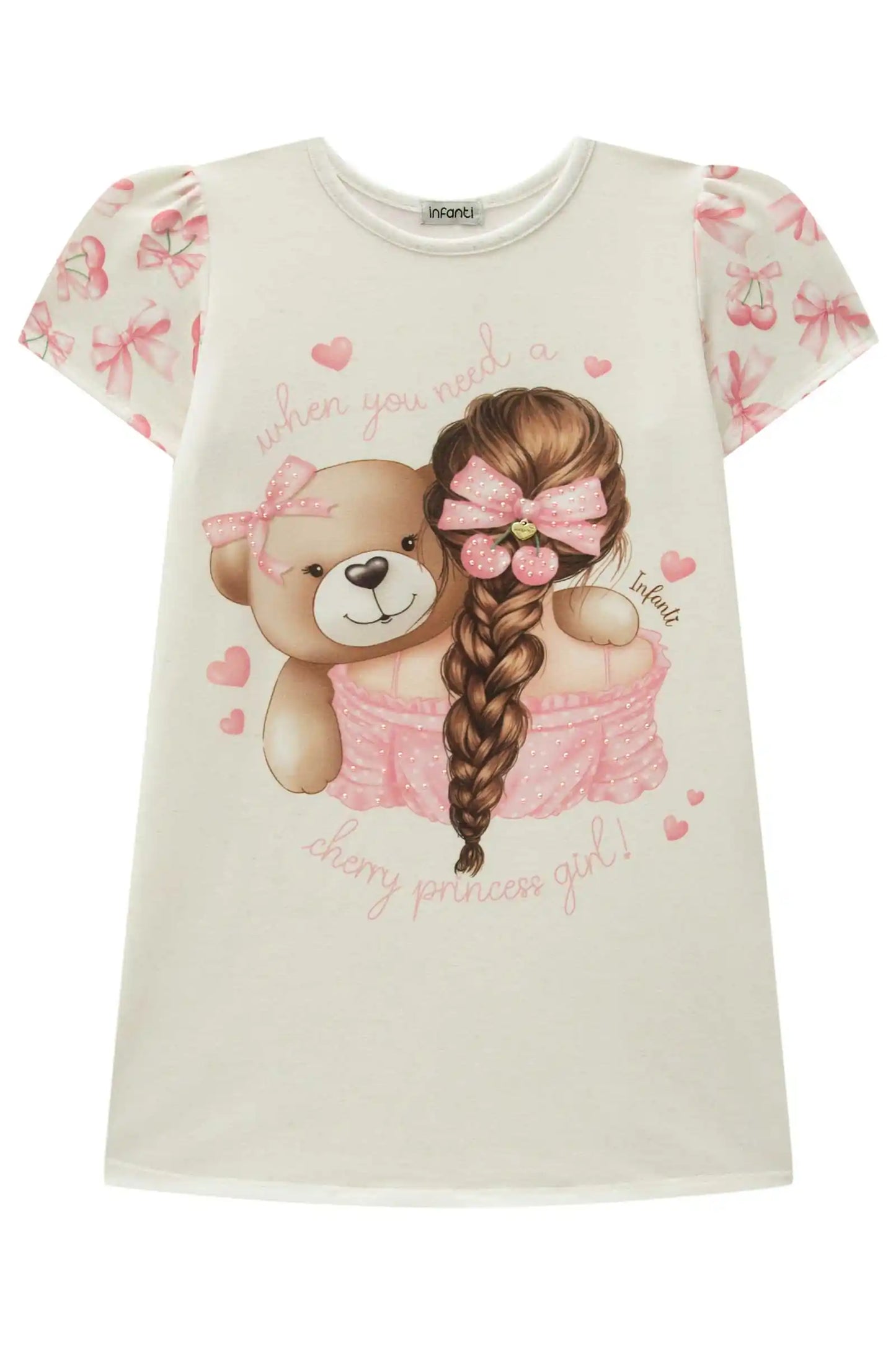 Vestido Infantil Trapézio Ursinha Laço Rosa - Infanti