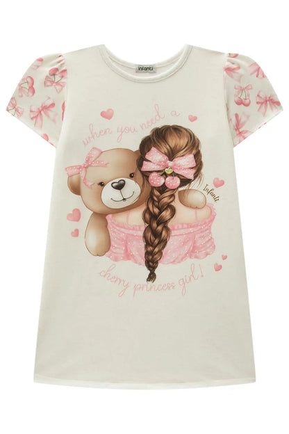 Vestido Infantil Trapézio Ursinha Laço Rosa - Infanti