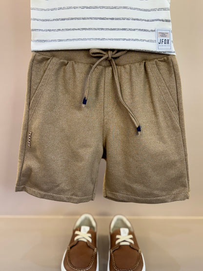 Conjunto Infantil Camiseta Algodão Listrada e Bermuda Moletom Bege - Little Johnny