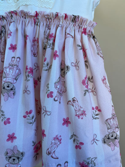 Vestido Bebê Algodão Listrado e Saia com Calcinha Flores & Ursinhas - Pituchinhus