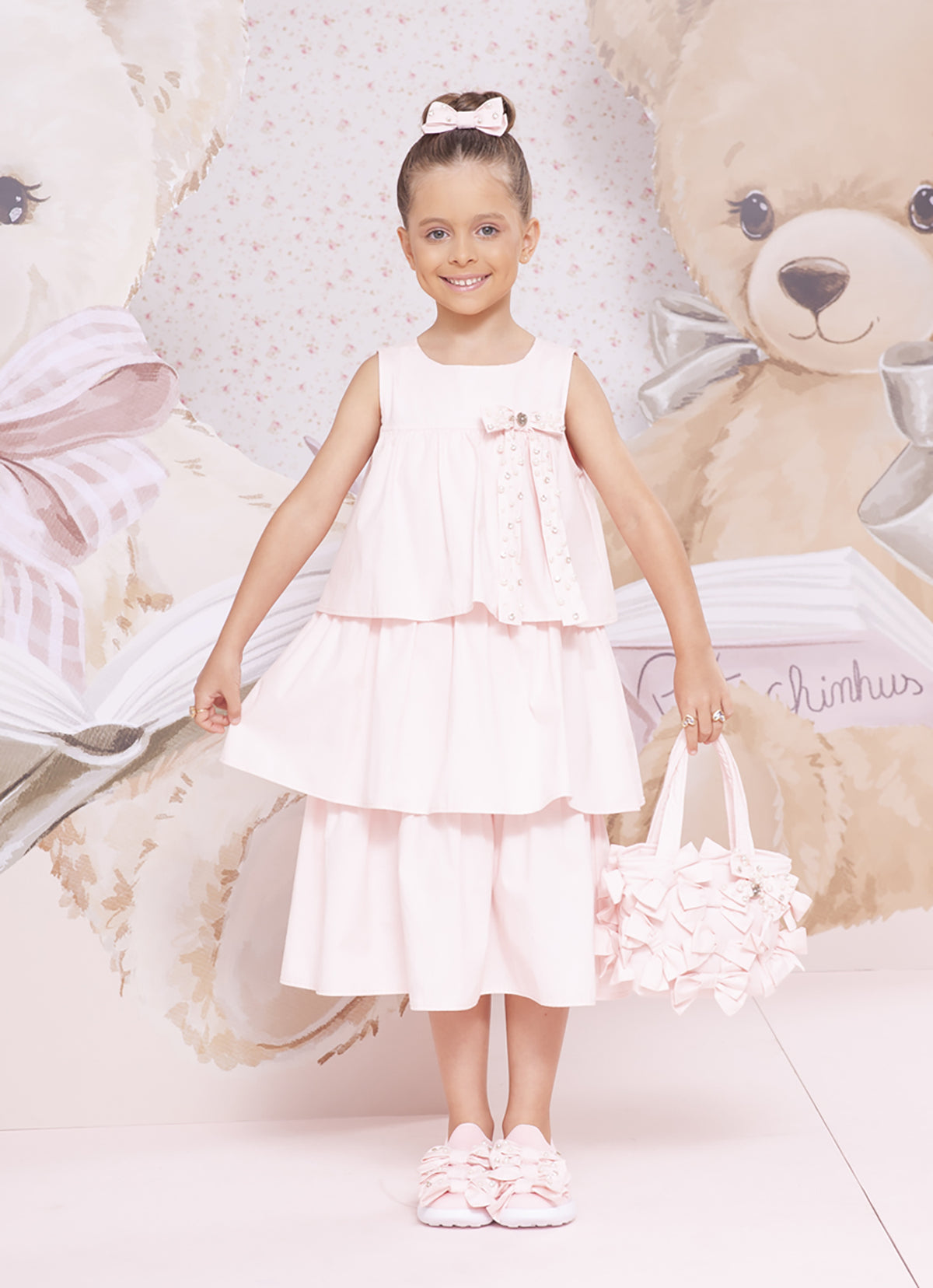 Vestido Infantil Tricoline Babados Laço - Pituchinhus