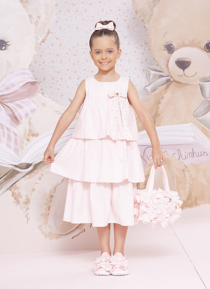 Vestido Infantil Tricoline Babados Laço - Pituchinhus