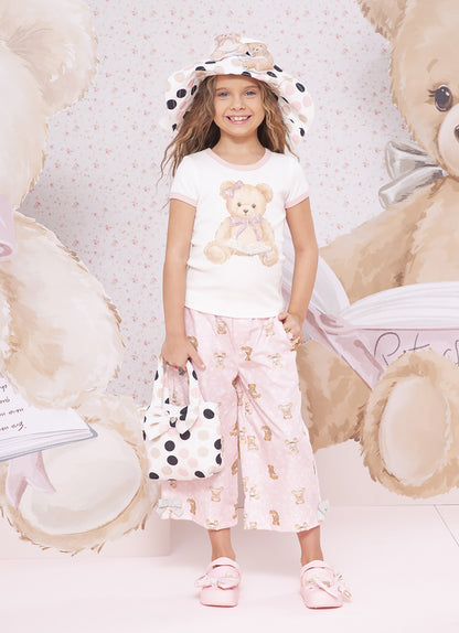 Conjunto Infantil Blusa Algodão Estampa Ursinhos Com Babados Lacinhos e Calça Pantacourt  - Pituchinhus