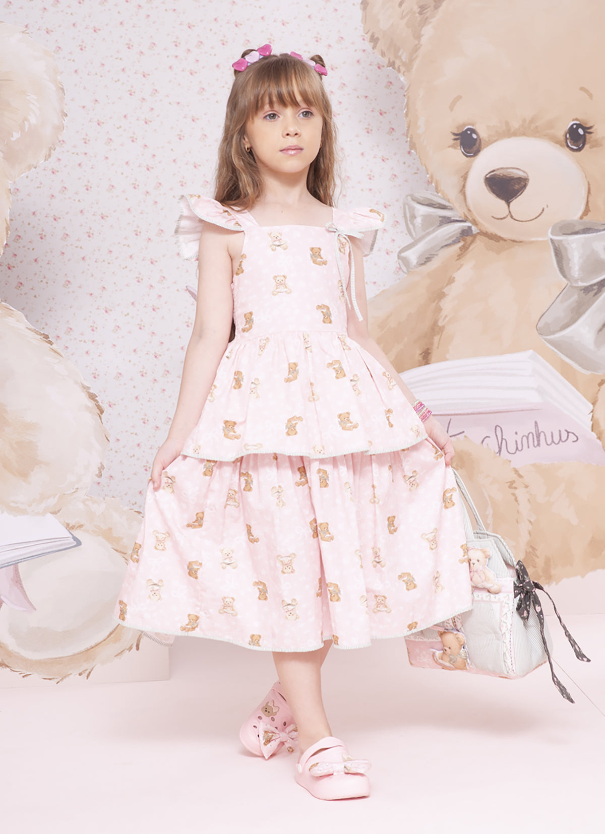 Vestido Infantil Algodão Estampa Ursinhos  Com Babados - Pituchinhus