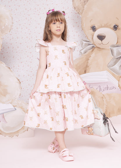 Vestido Infantil Algodão Estampa Ursinhos  Com Babados - Pituchinhus