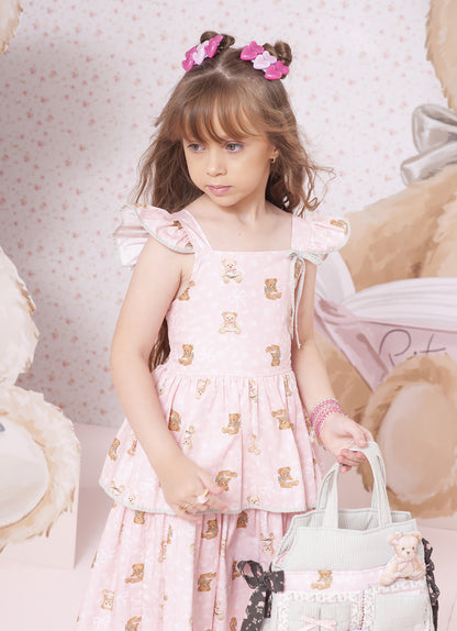 Vestido Infantil Algodão Estampa Ursinhos  Com Babados - Pituchinhus