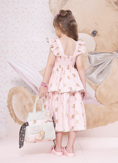 Vestido Infantil Algodão Estampa Ursinhos  Com Babados - Pituchinhus