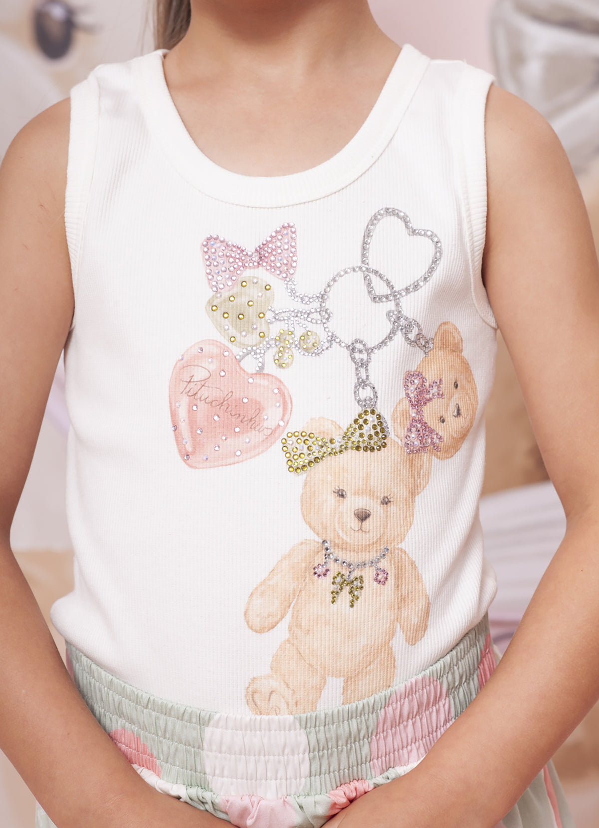 Conjunto Infantil Regata Chaveiro Ursos Cristais e Saia Midi Poá Colorido - Pituchinhus
