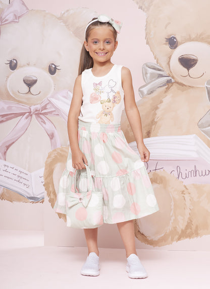 Conjunto Infantil Regata Chaveiro Ursos Cristais e Saia Midi Poá Colorido - Pituchinhus