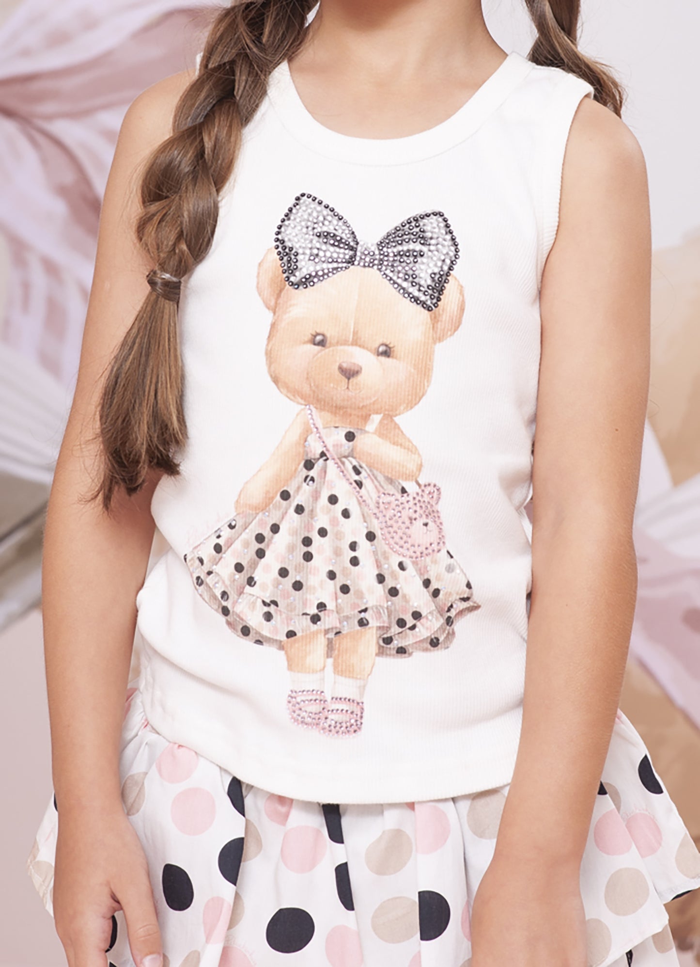 Conjunto Infantil Regata Ursinha Vestido de Poá e Short Com Babados Algodão Estampa Poá Colorido - Pituchinhus